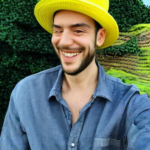 Image similar to A photo of smiling man with green skin in yellow hat