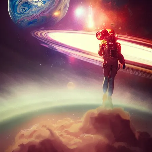 Prompt: futuristic astronaut falling through jovian clouds in jupiter, psychedelic cyberpunk art by cedric peyravernay, highly detailed, excellent composition, cinematic concept art, dramatic lighting, trending on artstation