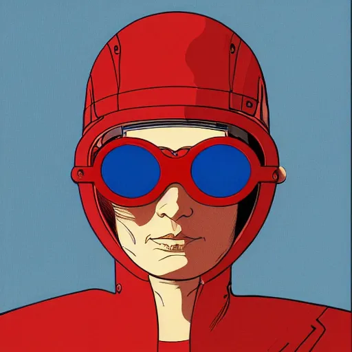 Prompt: woman wearing aviator helmet and googles, drawn by jean giraud and moebius, red tones, flat colors