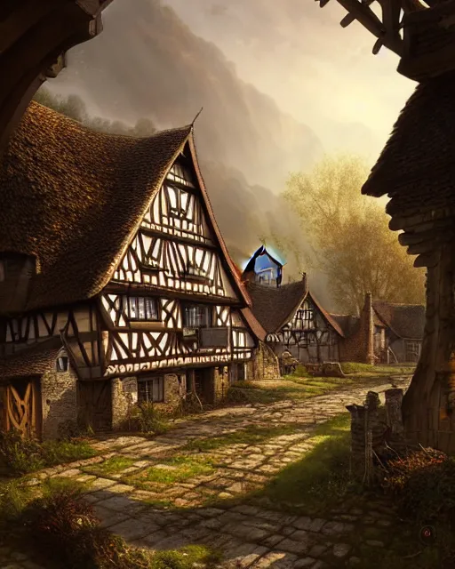 Image similar to callenberg village germany twelth century anglo - saxon village 1 1 8 0, by peter mohrbacher and dan mumford and nekro, cgsociety, volumetric light, 3 d render, intricate, detailed, high resolution