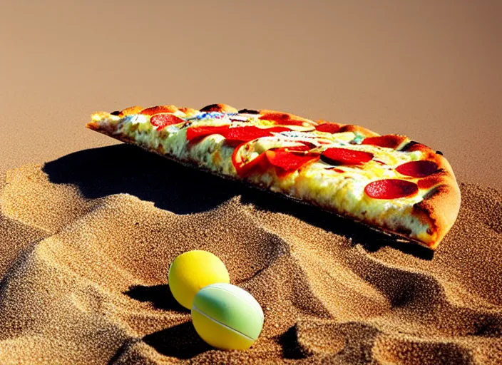 Prompt: clear highly detailed photorealistic food photograph of a pizza salamr with a mikasa beach volleyball next to lying in beach sand