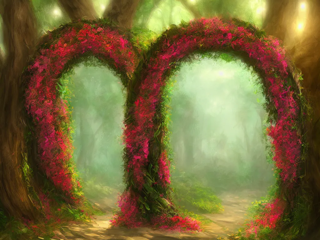 Image similar to A beautiful digital illustration painting of a floral archway in the woods , 8k resolution deviantart trending on Artstation concept art digital illustration