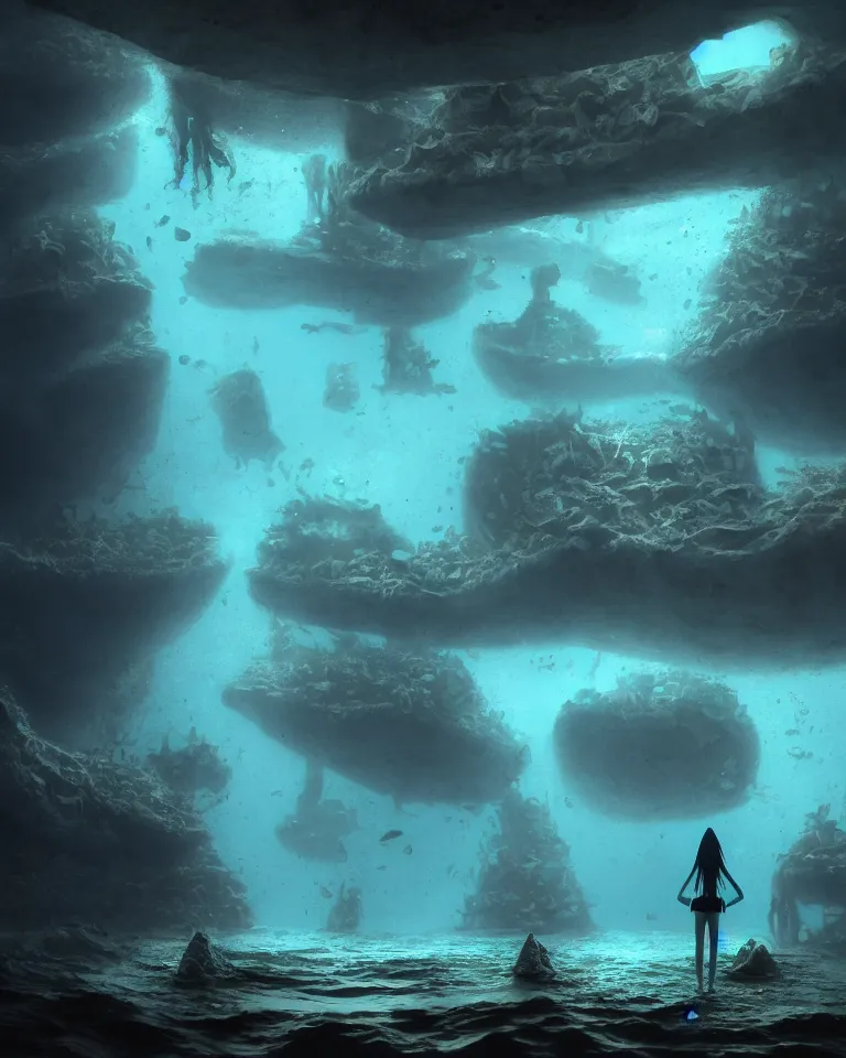 Image similar to full color, wide shot, submerged pre - incan temple, dark, underwater, symmetrical, bubbles, abyss, grenada underwater sculpture park, anime style mixed with fujifilm, detailed gouache paintings, stylized, dark, murky, foggy, atmospheric, artstation, cgsociety, octane render, cgi, unreal engine 5, denoise, cinematic masterpiece