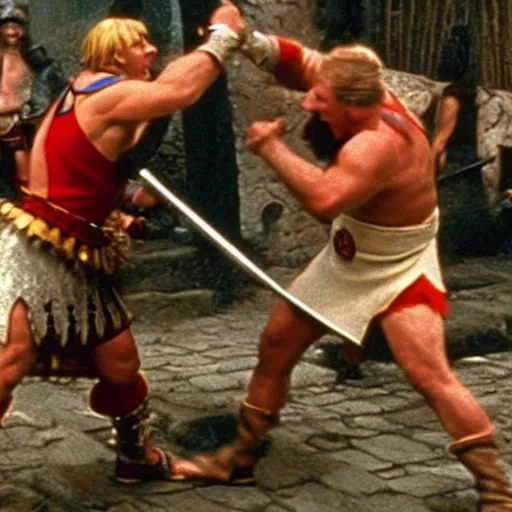 Prompt: Astérix and Obélix fighting roman soldiers in American Psycho (1999)