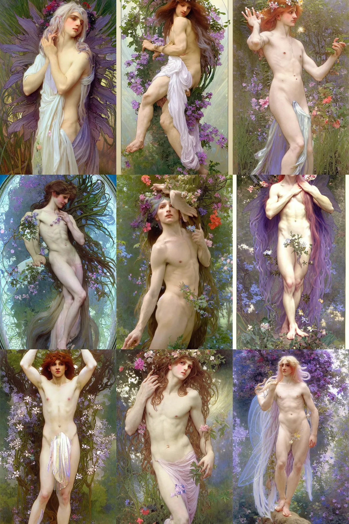 Prompt: hyperrealist portrait of a lithe androgynous male fairy, long white hair, wearing diaphanous iridescent robes decorated with vibrant flora, bloom lighting effect, god rays, by alphonse mucha, by bouguereau, fantasy art, photo realistic, artstation, poster.