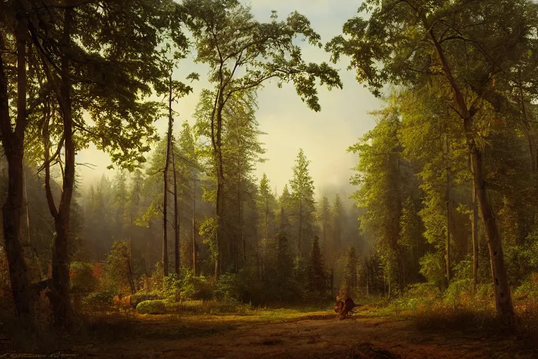 Image similar to A beautiful painting of russian village in dark forest by ivan shishkin and arkhip kuindji, trending on artstation,matte painting