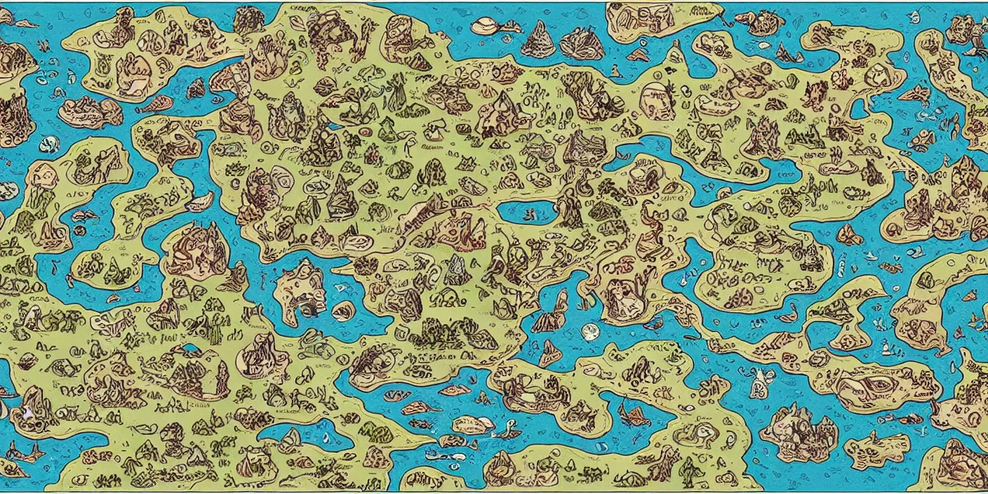 Prompt: a rpg map with big regions surrounded by ocean detailed, flat vivid colors and strokes illustrated by Mattias Adolfsson