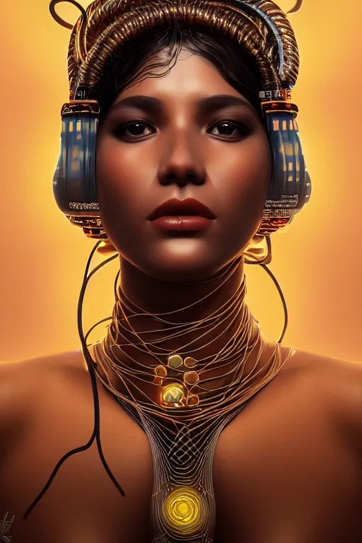 Image similar to a centered render of an alluring mystical tribal goddess adorned with cables and synthesizer parts is surrounded by sacred geometry, full body, gorgeous face, perfect face, powerful, cinematic, beautifully lit, by artgerm, by karol bak, 3 d, trending on artstation, octane render, 8 k