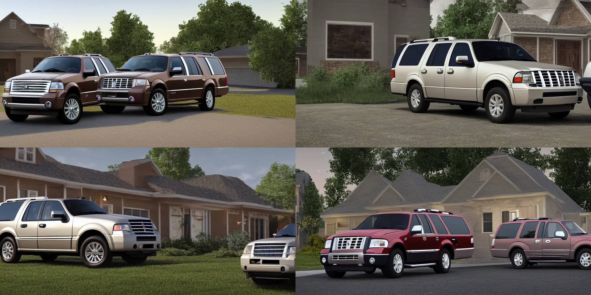 Prompt: an suv inspired by a 2 0 0 7 ford expedition and 2 0 0 7 lincoln navigator parked in front of a house, a digital rendering by the family circus, trending on cg society, regionalism, ue 5, rendered in unreal engine, ultrafine detail