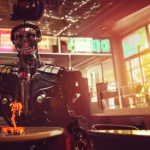 Prompt: A terminator with borg implants sitting in a cyberpunk cafe and eating skewer kebabs made of electronic components. Unreal 5 nanite, path tracing render, global illumination. Highly detailed 8k. Bloom, cinematic post-processing