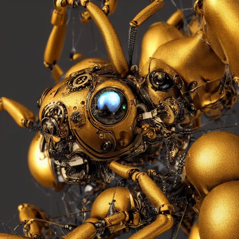 Prompt: a close up of an beautiful steampunk robotic spider inspired, unreal engine realistic render, high detailed face, photorealism, golden ratio, hyper - realistic 3 d, insanely super detailed, realistic octane render, 1 6 k, fashion photography, micro detail, backlit lighting, face in focus, subsurface scattering, thin porcelain