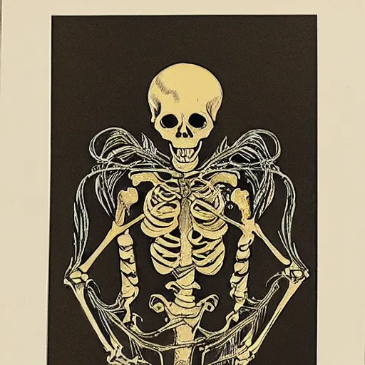 Prompt: Picture of an ornate and extravagant glowing skeleton. Lithograph with watercolor hand colored, gilded trim.