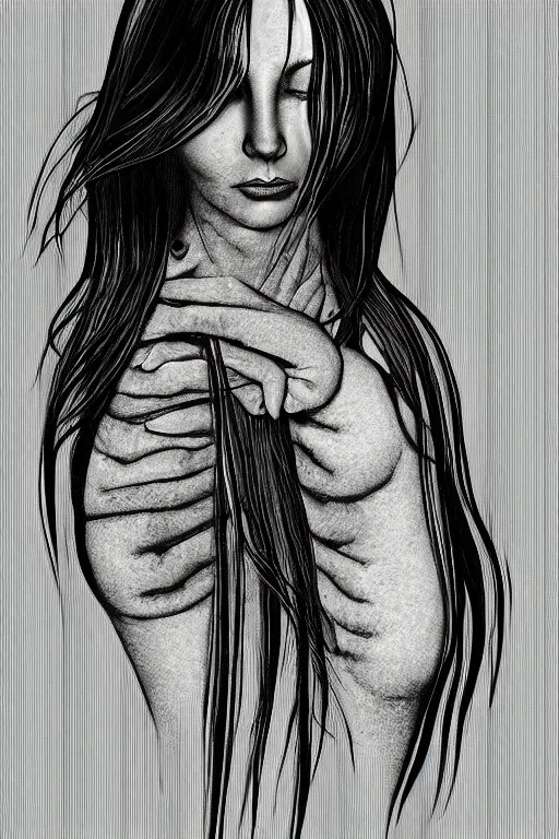 Image similar to portrait of a girl in long pants and a top, hands in pockets, eyes closed, bob haircut, digital art, black and white, illustration by giger