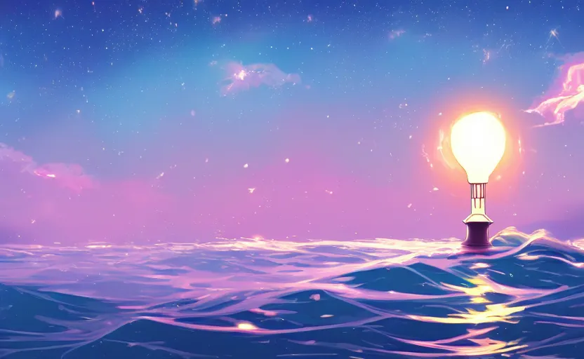 Prompt: a lamp's soft glow as it floats alone in the ocean at night, stars in the sky, concept art, anime scenery, 4k