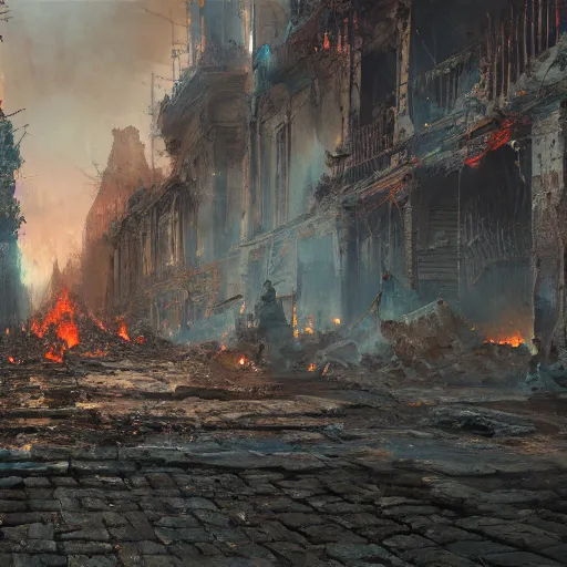 Prompt: ground close up wide perspective view of burning ancient city streets with bodies impaled on stakes by greg rutkowski craig mullins ross tran levitating lumen reflections matte painting fantasy specular lighting trending on artstation