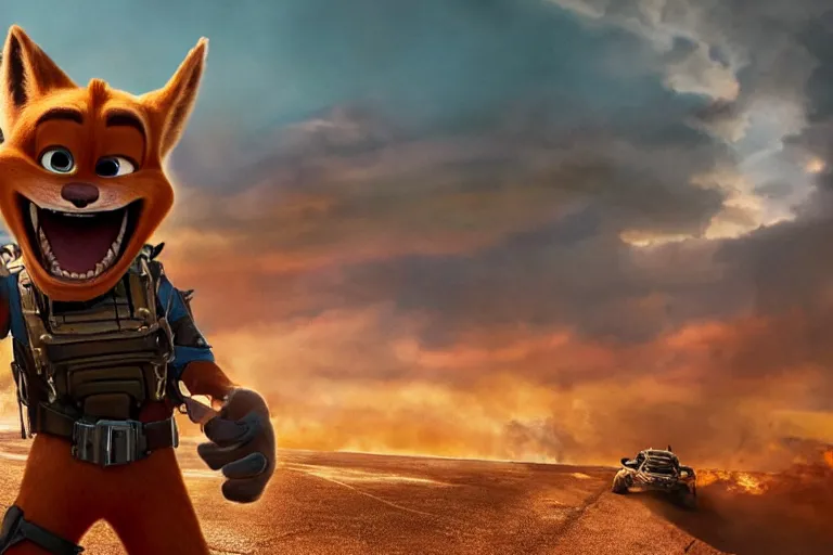 Image similar to nick wilde, heavily armed and armored facing down armageddon in a dark and gritty reboot from the makers of mad max : fury road : witness me