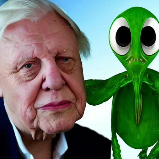 Prompt: Sir David Attenborough with a green alien