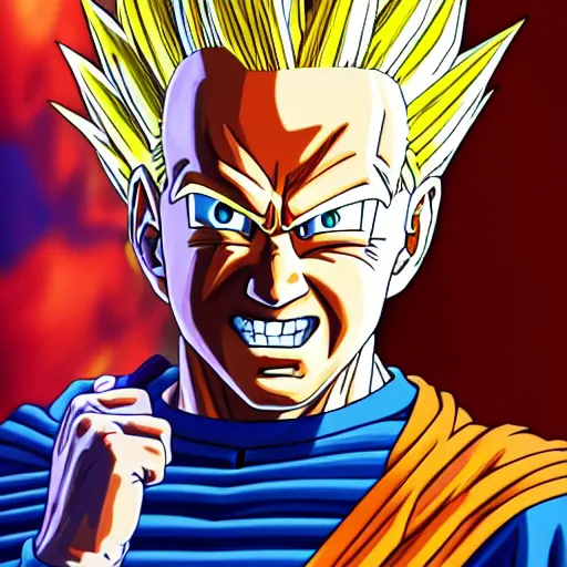 Image similar to ultra realistic portrait painting of joe biden as super saiyan goku, art by akira toriyama, 4 k, dragon ball artstyle, cel shaded, highly detailed, epic lighting