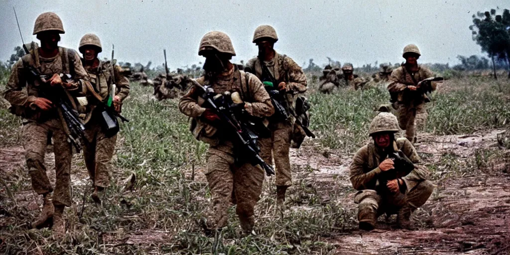 Image similar to u. s. marines move through a landing zone 1 9 6 9, vietnam war, soldiers closeup, face closeup, us flag, jungles in the background, coloured film photography, exposed colour film, ken burns photography lynn novick photography