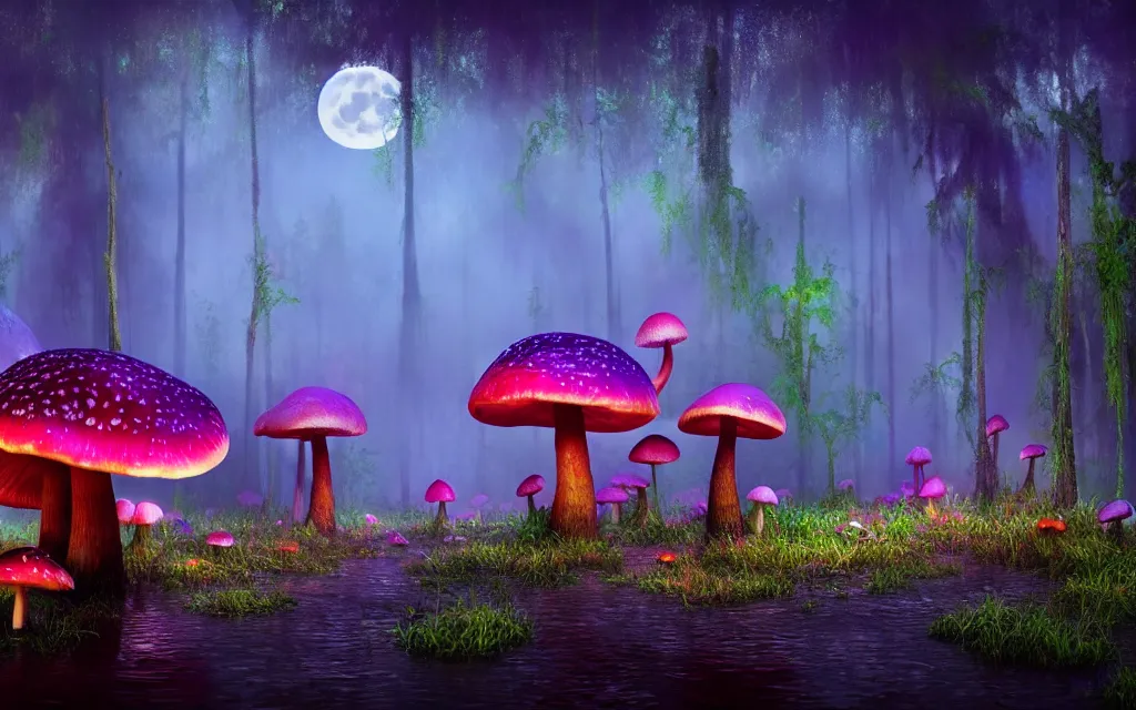 Prompt: a misty swamp with many colorful giant mushrooms, at night, fireflies!, full moon!, many trees!, beautiful lighting, fantasy colors, vivid colors!, highly detailed, octane render, 4 k, trending on artstation