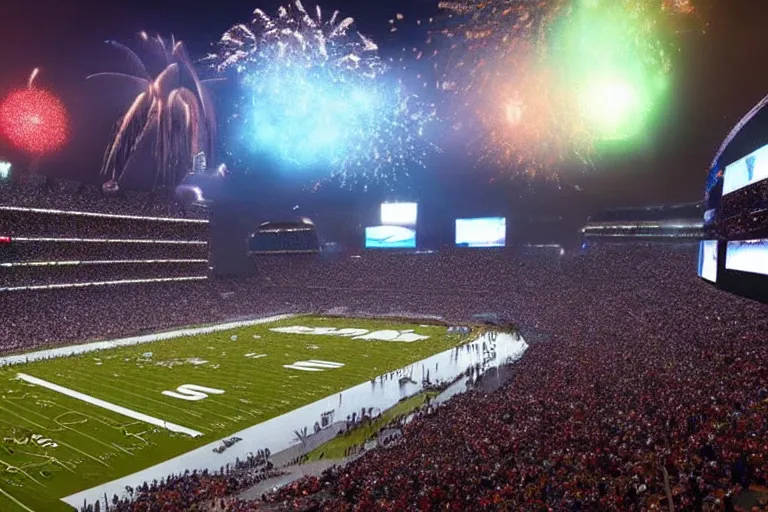 Image similar to !dream a flying whale zooms over an NFL stadium with fireworks cinematic lighting