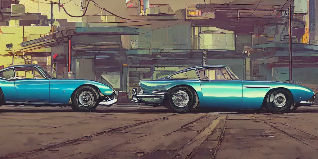 Image similar to art style by Ben Aronson and Edward Hopper and Syd Mead, wide shot view of the Cyberpunk 2077, on ground level. full view of the Aston Martin DB4 1958 with wide body kit modification and dark pearlescent holographic paint, has gullwing doors open.