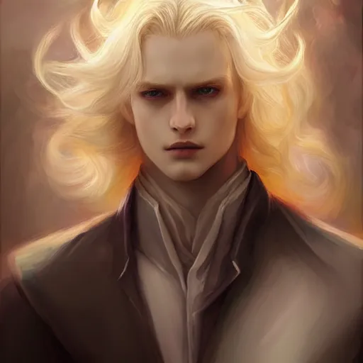 Prompt: digital art of a pale menacing Angel of Battle with long blond curls of hair and piercing eyes, johan liebert mixed with Dante, central composition, he commands the fiery power of resonance and wrath, very very long blond curly hair with bangs!!!, baroque curls, by Ross Tran Rossdraws and WLOP, Artstation, CGsociety