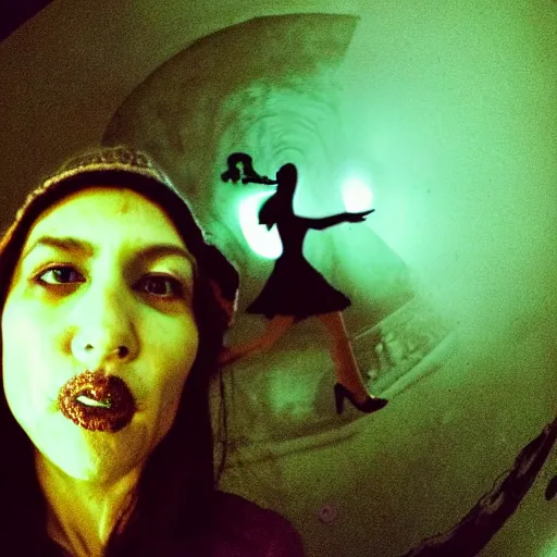 Prompt: a selfie of a woman getting photobombed, fisheye lens photography, with a spooky filter applied, with a figure in the background, in a halloween style.