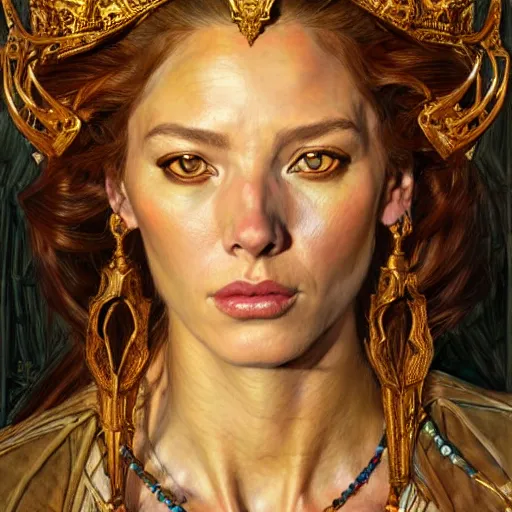 Image similar to highly detailed portrait of a majestic lioness queen in the form of a beautiful woman. d & d. art by donato giancola, eugene delacroix, ruan jia, carl larsson, geof darrow. trending on artstation, intricate details, energetic composition, golden ratio, concept art, illustration, elegant art, global illuminaition