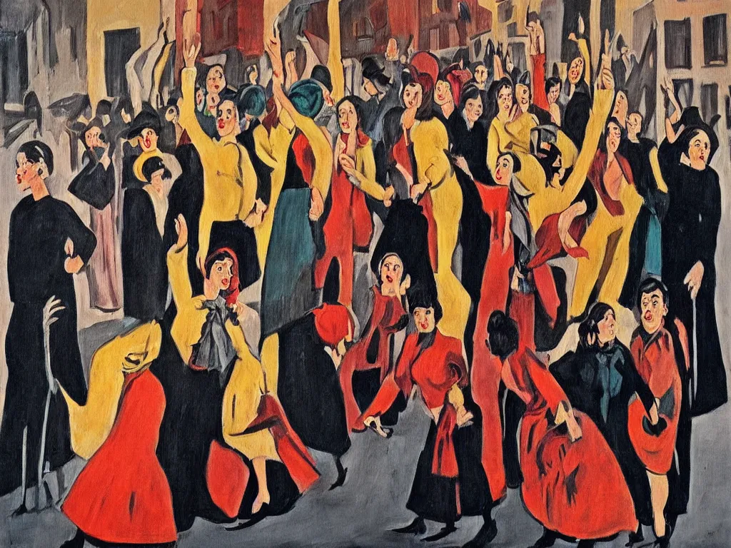 Image similar to woman movement, lisbon city at night, art in the style of paula rego