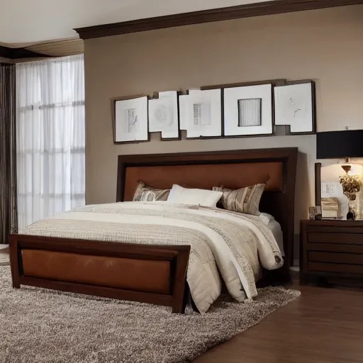 Prompt: award-winning catalog photo modern roman-style columnar headboard master bedroom