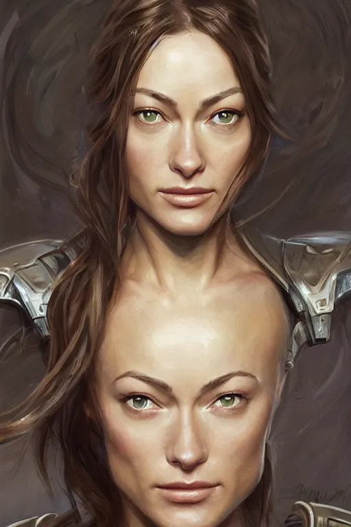 Image similar to a professional painting of a young Olivia Wilde, clothes in military armor, olive skin, long dark hair, beautiful bone structure, symmetrical facial features, intricate, elegant, digital painting, concept art, smooth, sharp focus, illustration, from StarCraft by Ruan Jia and Mandy Jurgens and Artgerm and William-Adolphe Bouguerea