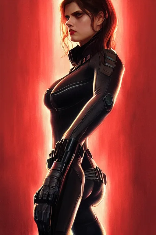 Image similar to alexandra daddario as black widow, realistic portrait, symmetrical, highly detailed, digital painting, artstation, concept art, smooth, sharp focus, illustration, cinematic lighting, art by artgerm and greg rutkowski and alphonse mucha