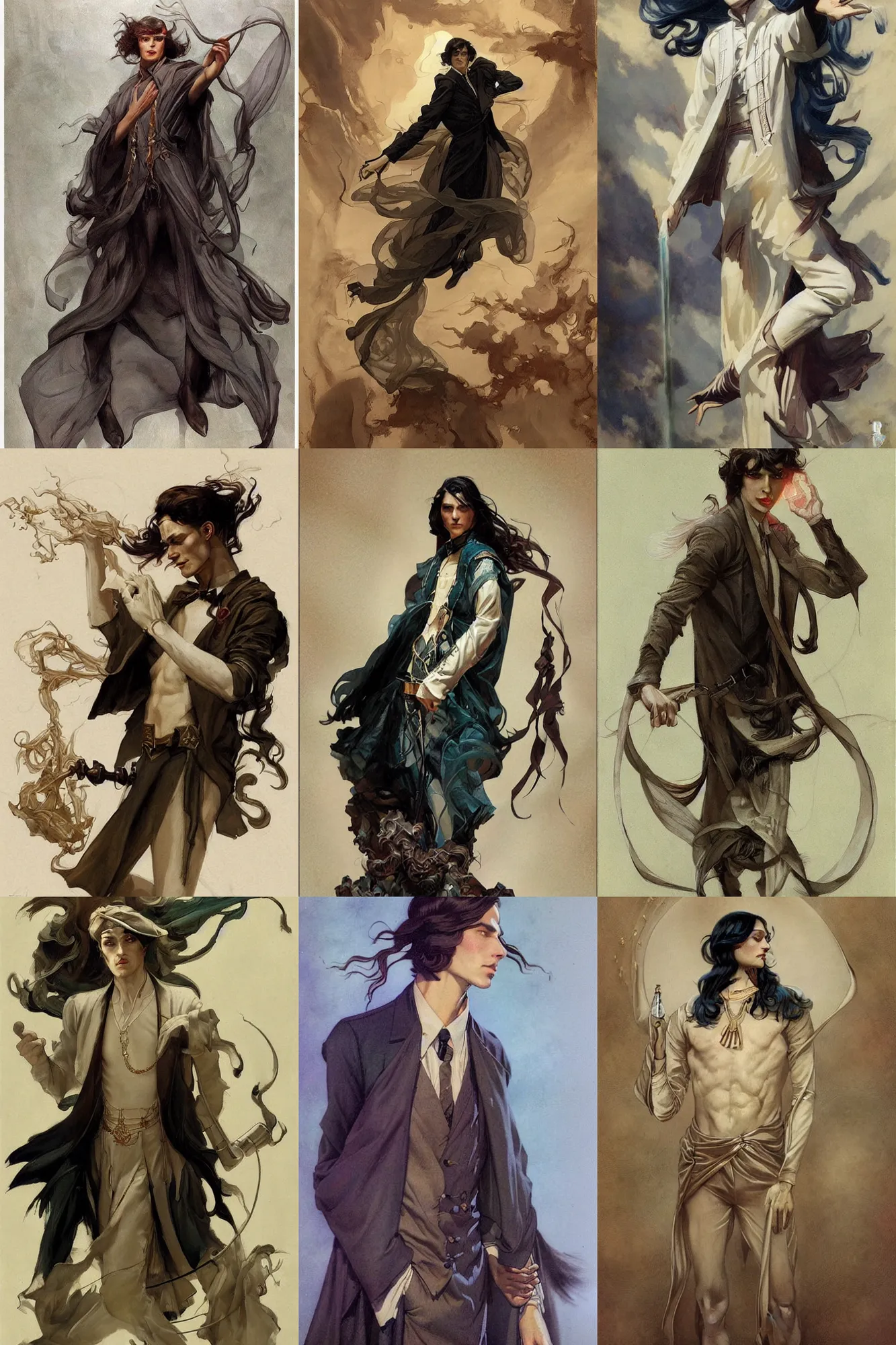 Prompt: thin male mage with long dark hair, 1 9 2 0 s fashion, fantasy, art by joseph leyendecker, peter mohrbacher, ruan jia