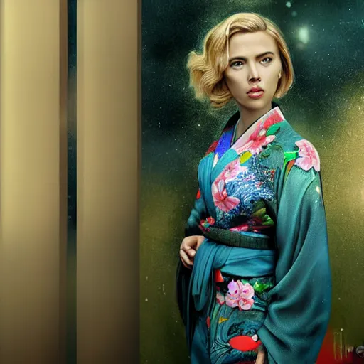 Prompt: scarlett johansson wearing kimono, digital art, extremely detailed