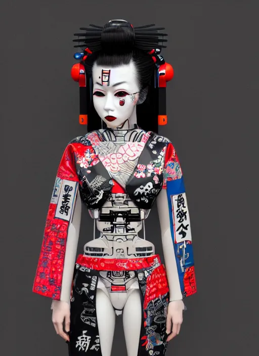 Image similar to full body portrait of a japanese punk geisha robot with kanji tattoos and decals wearing a digital pixelated kimono, intricate design, photo - realistic, octane render, dark colour palette, ultra fine detailed, character design, trending on artstation