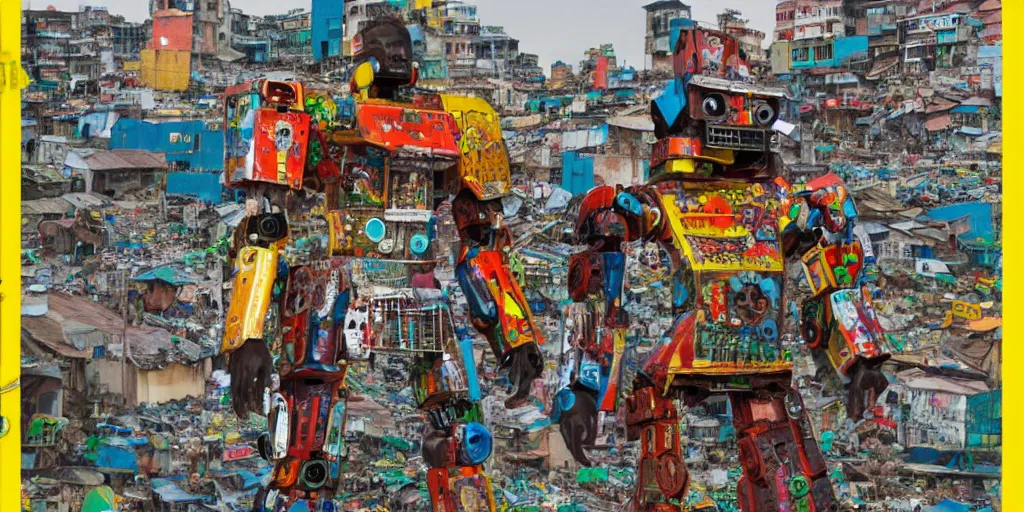 Prompt: colourful giant mecha ROBOT of AJEGUNLE SLUMS of Lagos, writings and markings on robot, magazine collage,