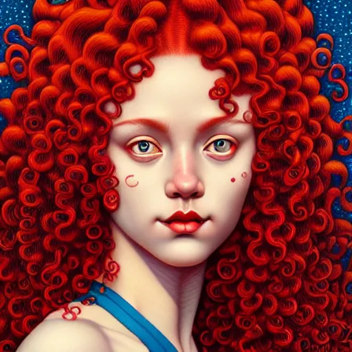 Prompt: beautiful ornate face of a woman with red curly hair poking out of water by Casey Weldon and Chie Yoshii, rich colors, intricate, elegant, highly detailed, centered, digital painting, artstation, concept art, smooth, sharp focus, illustration, octane render