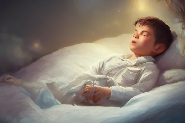 Prompt: a beautiful illustration of a little cute boy in his bed dreaming about a beautiful, fantasy, intricate, epic lighting, cinematic composition, hyper realistic, 8 k resolution, unreal engine 5, by artgerm, artstation