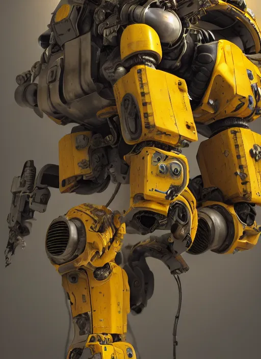 Image similar to a photorealistic dramatic hyperrealistic render of a futuristic exosuit power loader heavy machinery, ultra realistic details, glossy yellow, well worn, rust, oil stains by vitaly bulgarov and mike nash, beautiful dramatic dark moody tones and lighting, cinematic atmosphere, studio lighting, global illumination, shadows, dark background, octane render, 8 k