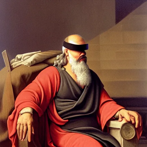 Image similar to socrates wearing a virtual reality headset, renaissance painting