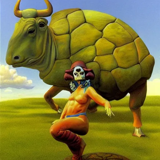 Image similar to a cow with turtle costume, surrealism, painting by boris vallejo and michael whelan