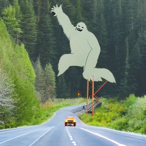 Prompt: Sasquatch tossing a big tree onto highway traffic