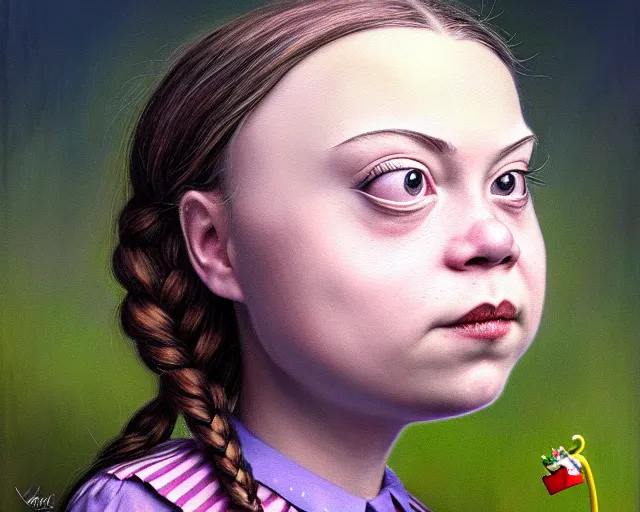 Image similar to closeup profile portrait of a greta thunberg as alice in wonderland, nicoletta ceccoli, mark ryden, lostfish, max fleischer, hyper realistic, artstation, illustration, digital paint, matte paint, vivid colors, bright, cheerful, detailed and intricate environment