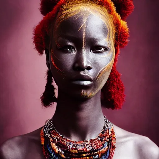 Prompt: A beautiful artistic portrait by Zhang Jingna, african tribal makeup