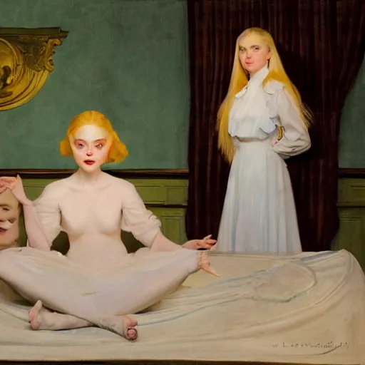 Image similar to Painting of Elle Fanning at a seance surrounded by ghosts, long blonde hair, delicate, pale milky white porcelain skin, spectral green glow, by Leyendecker and Norman Rockwell