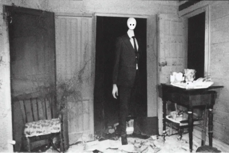 Image similar to an very old photo of slenderman in a house with nothing else