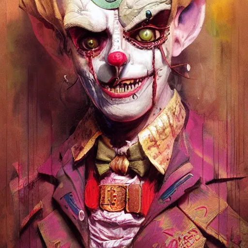 Image similar to Portrait of a creepy steampunk clown, fantasy, colorful, detailed, by Greg Rutkowski and Dave McKean, pink and gold color palette