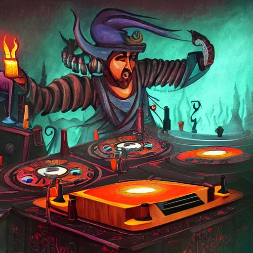 Image similar to fantasy painting of a dj set with turntable in a fantasy dungeon in the style of dnd,