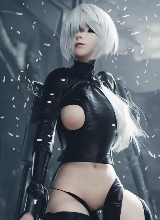 Image similar to Hyperrealistic beautiful portrait of 2B, nier automata, black dress, 8k, Octane Render, cinematic lighting